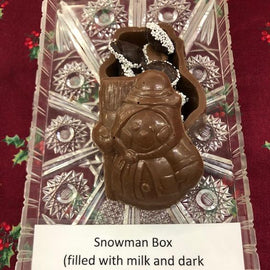 Snowman box filled with Dark and Milk Nonpariels